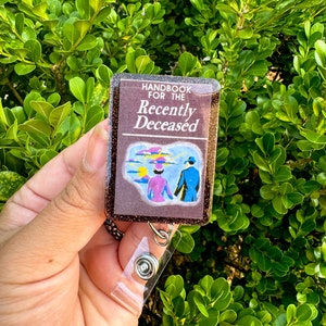badge reel handbook for the recently deceased, 80s movies, gift for book lovers, spooky badge reel, halloween ID badge, classic movies