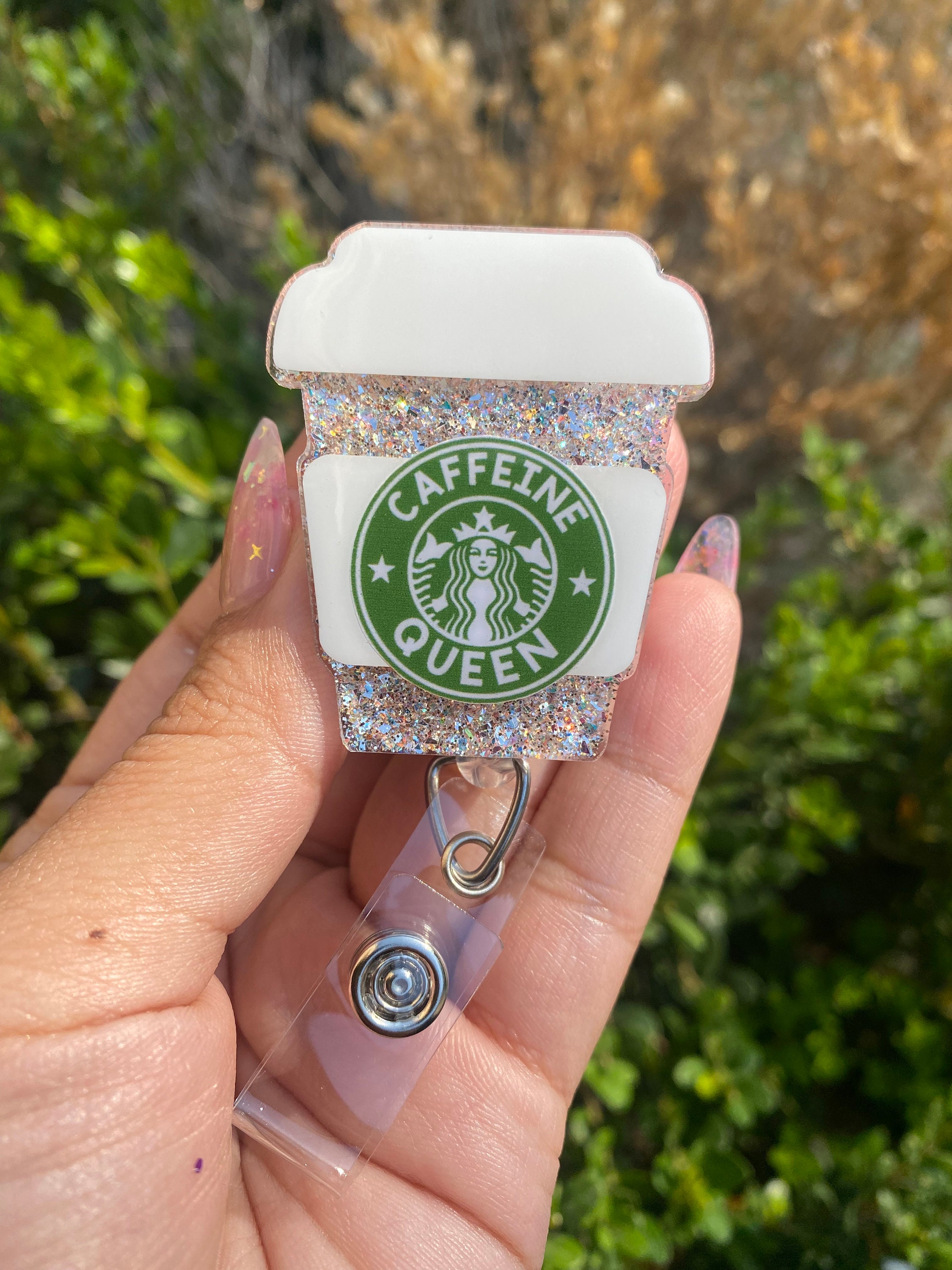 Caffeine Queen Badge Reel, Gift for Teachers, Nurses Retractable