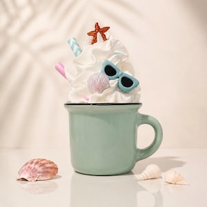 Puede incluir: Una taza de cerámica verde claro cubierta con nata montada blanca, decorada con una estrella de mar naranja brillante, gafas de sol azul claro, una pajita a rayas rosas y blancas, una pajita con patrón de chevrón azul y una pequeña concha iridiscente.
