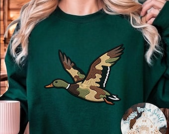 Faux Embroidered Vintage Camo Mallard Duck Crewneck Sweatshirt | Duck Hunting Waterfowl