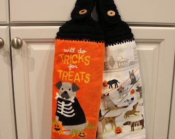 Crochet top hanging double Halloween towel set.  Great to use in the kitchen, bathroom or mudroom or make an excellent gift.