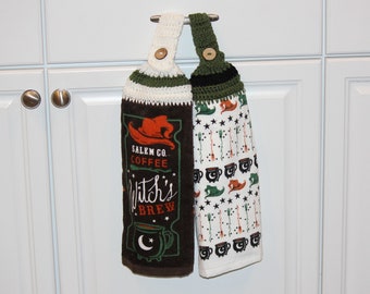 Crochet top hanging double layer cotton towels set of 2 Witches Brew. Great to use in the kitchen, bathroom, mudroom, RV or as a gift.
