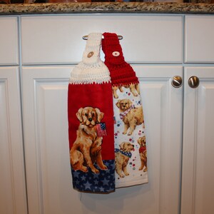 Crochet top hanging double layer cotton towels set of 2 with July 4th dog designs. Great to use in the kitchen, bathroom, mudroom or a gift.