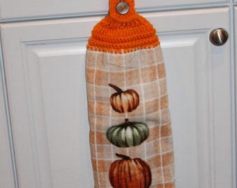 Crochet top hanging double layer towel with beautiful pumpkins. Great to use in the kitchen, bathroom, mudroom, RV or as a gift.