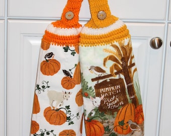 Crochet top double layer towels set of 2 "Pumpkin Patch" with adorable goats great to use in the kitchen, bathroom, mudroom, RV or a gift.