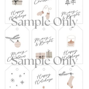May include: Nine printable gift tags with a minimalist design featuring various Christmas-themed illustrations and text. The tags include phrases like "Merry Christmas", "Happy Holidays", and "Merry & Bright".