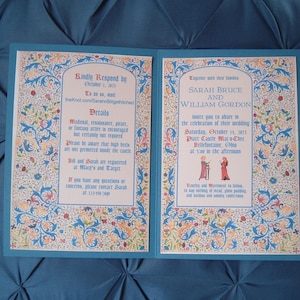 May include: A wedding invitation with a blue border and ornate floral design. The invitation includes text with details about the wedding, including the names Sarah Bruce and William Gordon, and the date and location of the ceremony.