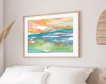 Abstract Coastal Wall Art / Bright Watercolor Print / Large Abstract Landscape Painting / Vibrant Colorful Above Bed Art / Horizontal