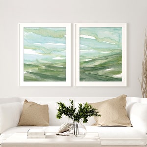 Light Blue Olive Green Wall Art Set of 2 / Abstract Nature Prints / Minimalist Landscape Painting / Modern Above Bed Art / Watercolor Print