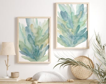 Watercolor Coral Set of 2 Prints / Abstract Coastal Wall Art / Modern Beach House Decor / Blue, Sage Green Bathroom Wall Art / Above Bed Art