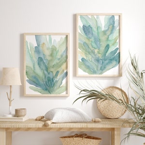 Watercolor Coral Set of 2 Prints / Abstract Coastal Wall Art / Modern Beach House Decor / Blue, Sage Green Bathroom Wall Art / Above Bed Art