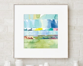 Abstract Watercolor Landscape Print / Square Colorful Collage Art Print / Aqua Blue Green Nature Wall Art / Small Art Mini Painting