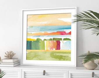 Abstract Watercolor Painting / Abstract Landscape Print / Colorful Coastal Wall Art / Small Art Prints / Square Abstract Nature Art