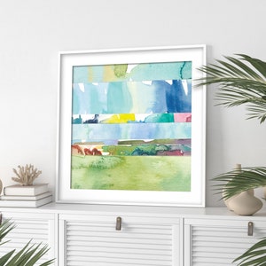 Abstract Watercolor Landscape Print / Colorful Coastal Wall Art / Large Nature Prints / Small Wall Art / Square Blue Green Mini Painting image 1