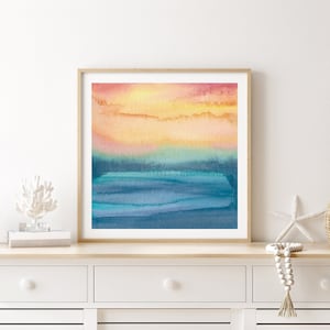 Ocean Abstract Watercolor Print / Colorful Coastal Wall Art / Sunset Art / Abstract Beach Art / Square Print / Vibrant Seascape Painting