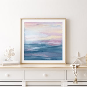 Abstract Ocean Watercolor Print / Minimalist Coastal Wall Art / Beach Prints / Seascape Ocean Painting / Square Abstract Watercolor Painting image 1