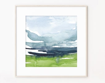Abstract Watercolor Landscape Print / Modern Coastal Art / Abstract Nature Art / Square Ocean Art / Calming Wall Art / Small Art Prints
