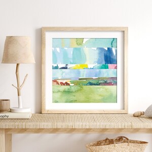 Abstract Watercolor Landscape Print / Colorful Coastal Wall Art / Large Nature Prints / Small Wall Art / Square Blue Green Mini Painting image 5