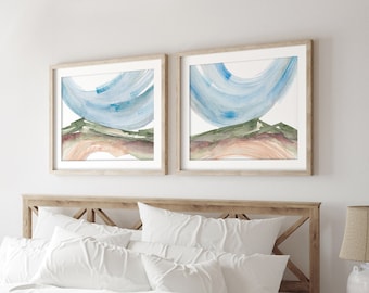 Mountain Wall Art Set of 2 / Abstract Landscape Painting / Large Nature Prints / Light Blue Sage Green Wall Art / Minimalist Living Room Art