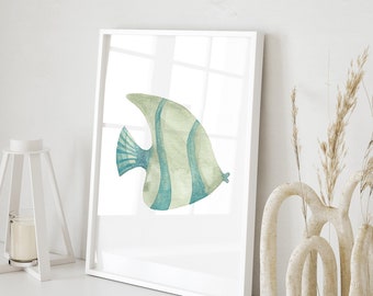 Angelfish Art Print / Fish Wall Art / Sea Life Print / Sage Green Coastal Wall Art / Ocean Bathroom Prints / Modern Beach House Decor