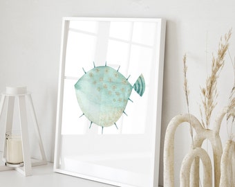 Pufferfish Art Print / Fish Wall Art / Sea Life Print / Minimalist Coastal Wall Art / Ocean Nursery / Watercolor Beach House Bathroom Prints