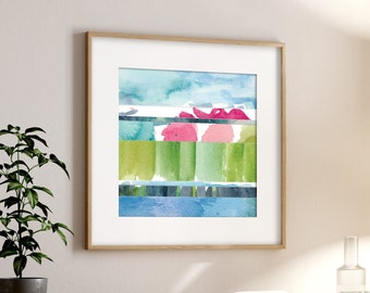 Abstract Coastal Watercolor Print / Large Modern Wall Art / Colorful Abstract Painting / Blue and Green Landscape / Square Nature Prints