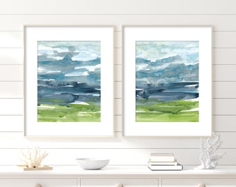 Abstract Coastal Wall Art Set / Watercolor Landscape Prints Set of 2 / Abstract Ocean Prints / Modern Nature Prints / Blue Green Prints