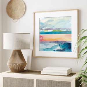 Coastal Wall Art For Living Room / Abstract Sunset Painting / Colorful Beach Prints / Large Abstract Watercolor / Ocean Bathroom Decor