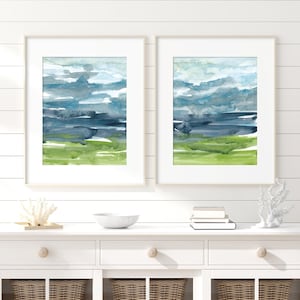 Abstract Coastal Wall Art Set / Watercolor Landscape Prints Set of 2 / Abstract Ocean Prints / Modern Nature Prints / Blue Green Prints