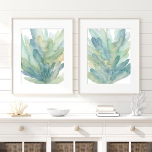Image showcasing Watercolor Coral Set of 2 Prints / Abstract Coastal Wall Art / Modern ...