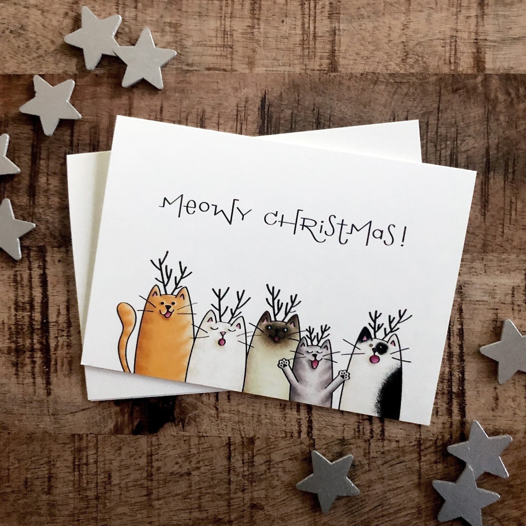 Meowy Christmas Card / Cat Christmas Card / Cute Holiday Card Set / Cat ...
