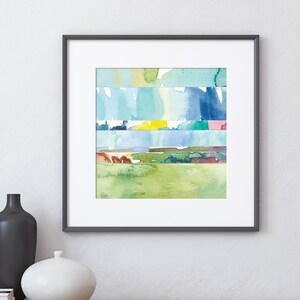 Abstract Watercolor Landscape Print / Colorful Coastal Wall Art / Large Nature Prints / Small Wall Art / Square Blue Green Mini Painting image 6