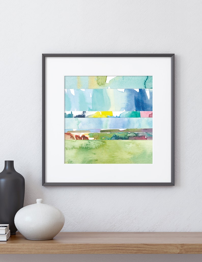 Abstract Watercolor Landscape Print / Colorful Coastal Wall Art / Large Nature Prints / Small Wall Art / Square Blue Green Mini Painting image 6