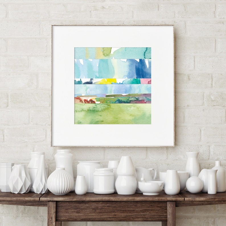 Abstract Watercolor Landscape Print / Colorful Coastal Wall Art / Large Nature Prints / Small Wall Art / Square Blue Green Mini Painting image 3