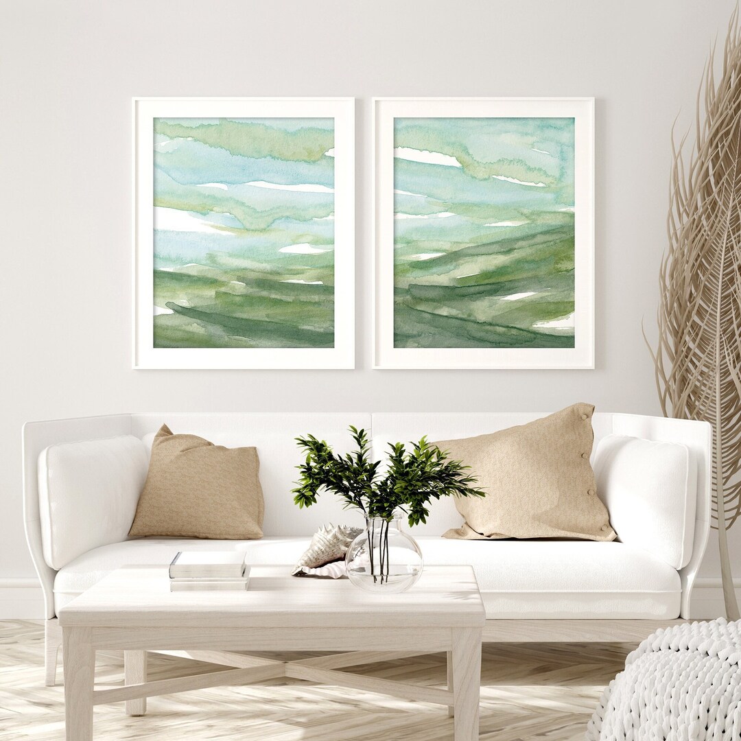 Light Blue Olive Green Wall Art Set of 2 / Abstract Nature Prints