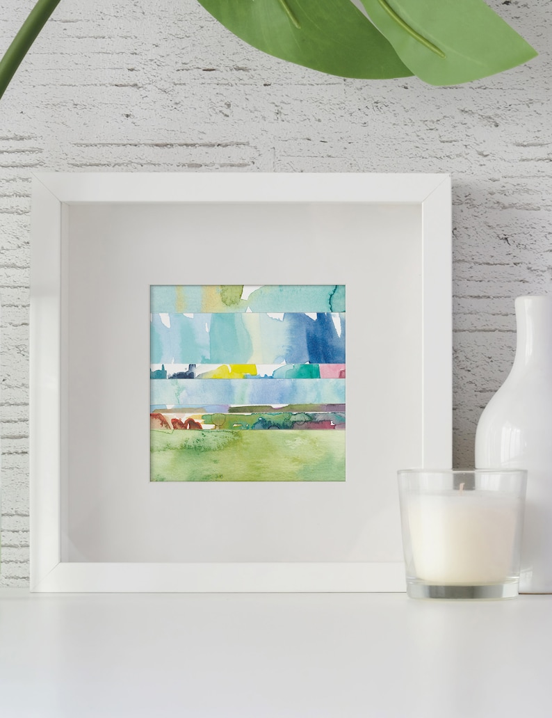 Abstract Watercolor Landscape Print / Colorful Coastal Wall Art / Large Nature Prints / Small Wall Art / Square Blue Green Mini Painting image 8