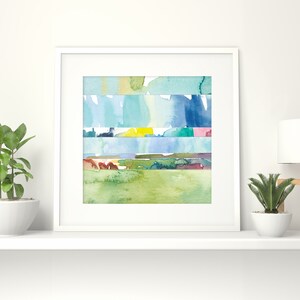 Abstract Watercolor Landscape Print / Colorful Coastal Wall Art / Large Nature Prints / Small Wall Art / Square Blue Green Mini Painting image 10