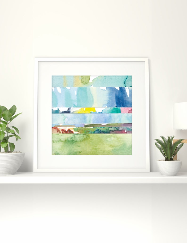 Abstract Watercolor Landscape Print / Colorful Coastal Wall Art / Large Nature Prints / Small Wall Art / Square Blue Green Mini Painting image 10