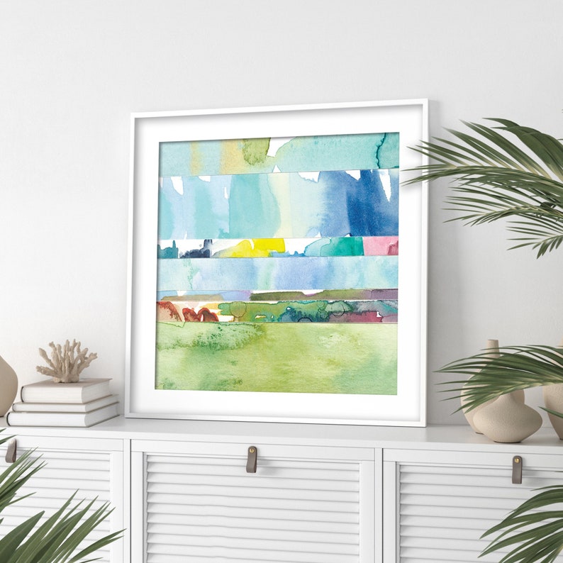 Abstract Watercolor Landscape Print / Colorful Coastal Wall Art / Large Nature Prints / Small Wall Art / Square Blue Green Mini Painting image 1