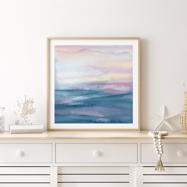 Abstract Ocean Watercolor Print / Minimalist Coastal Wall Art / Beach Prints / Seascape Ocean Painting / Square Abstract Watercolor Painting image 1