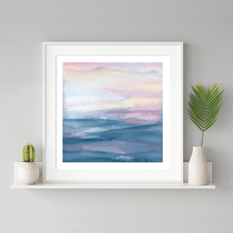 Abstract Ocean Watercolor Print / Minimalist Coastal Wall Art / Beach Prints / Seascape Ocean Painting / Square Abstract Watercolor Painting image 3