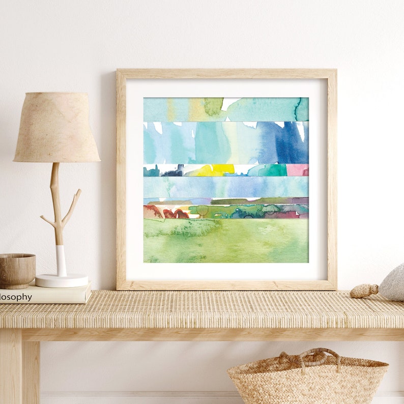 Abstract Watercolor Landscape Print / Colorful Coastal Wall Art / Large Nature Prints / Small Wall Art / Square Blue Green Mini Painting image 5