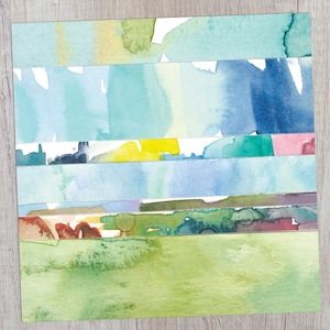 Abstract Watercolor Landscape Print / Colorful Coastal Wall Art / Large Nature Prints / Small Wall Art / Square Blue Green Mini Painting image 4
