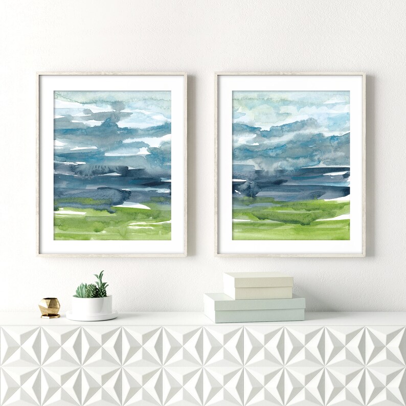 Abstract Coastal Wall Art Set / Watercolor Landscape Prints Etsy