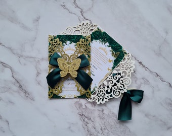 Gold Emerald Green Butterfly Laser Cut Invitations Cards Invitation Quinceanera invitation Sweet sixteen invitation Baby Shower