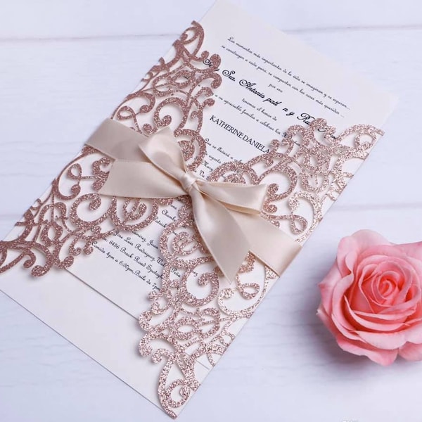 Rosegold Glitter GateFold Laser Cut Invitations Cards Invitation Quinceanera Boda Wedding Sweet sixteen invitation