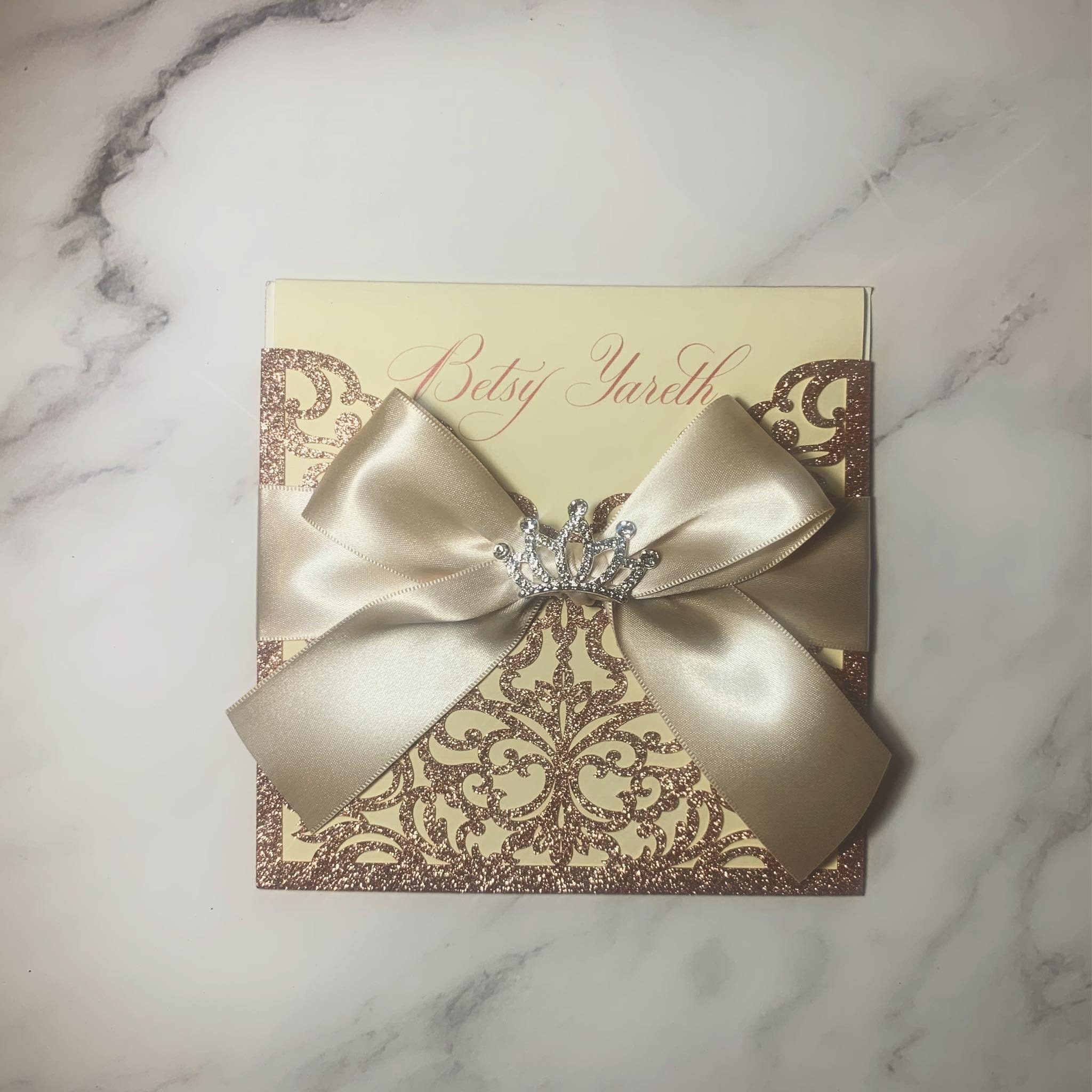 Rosegold Crown Princess Laser Cut Invitation, Lace Laser cut, Quinceanera Invitation, Crown invitation, Glitter invitation, Sweet sixteen