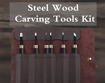 May include: A set of seven steel wood carving tools in a brown leather roll. The tools are arranged in individual slots and have wooden handles with brass accents.