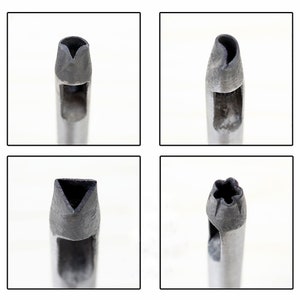 K&ouml;nnte beinhalten: Vier verschiedene Leder-Lochwerkzeuge aus Metall mit unterschiedlich geformten Stanzern. Die Stanzformen sind Herz, Tropfen, Dreieck und Blume.