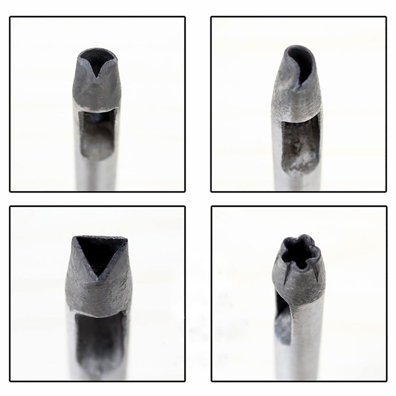 K&ouml;nnte beinhalten: Vier verschiedene Leder-Lochwerkzeuge aus Metall mit unterschiedlich geformten Stanzern. Die Stanzformen sind Herz, Tropfen, Dreieck und Blume.